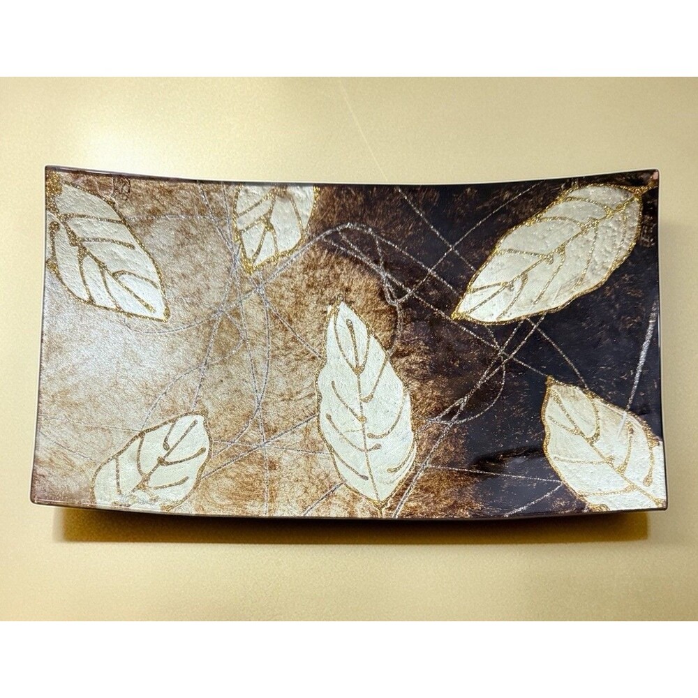 Decorative Metallic Gold Brown Leaf Glass Tabletop Trinket Tray / Candle Holder